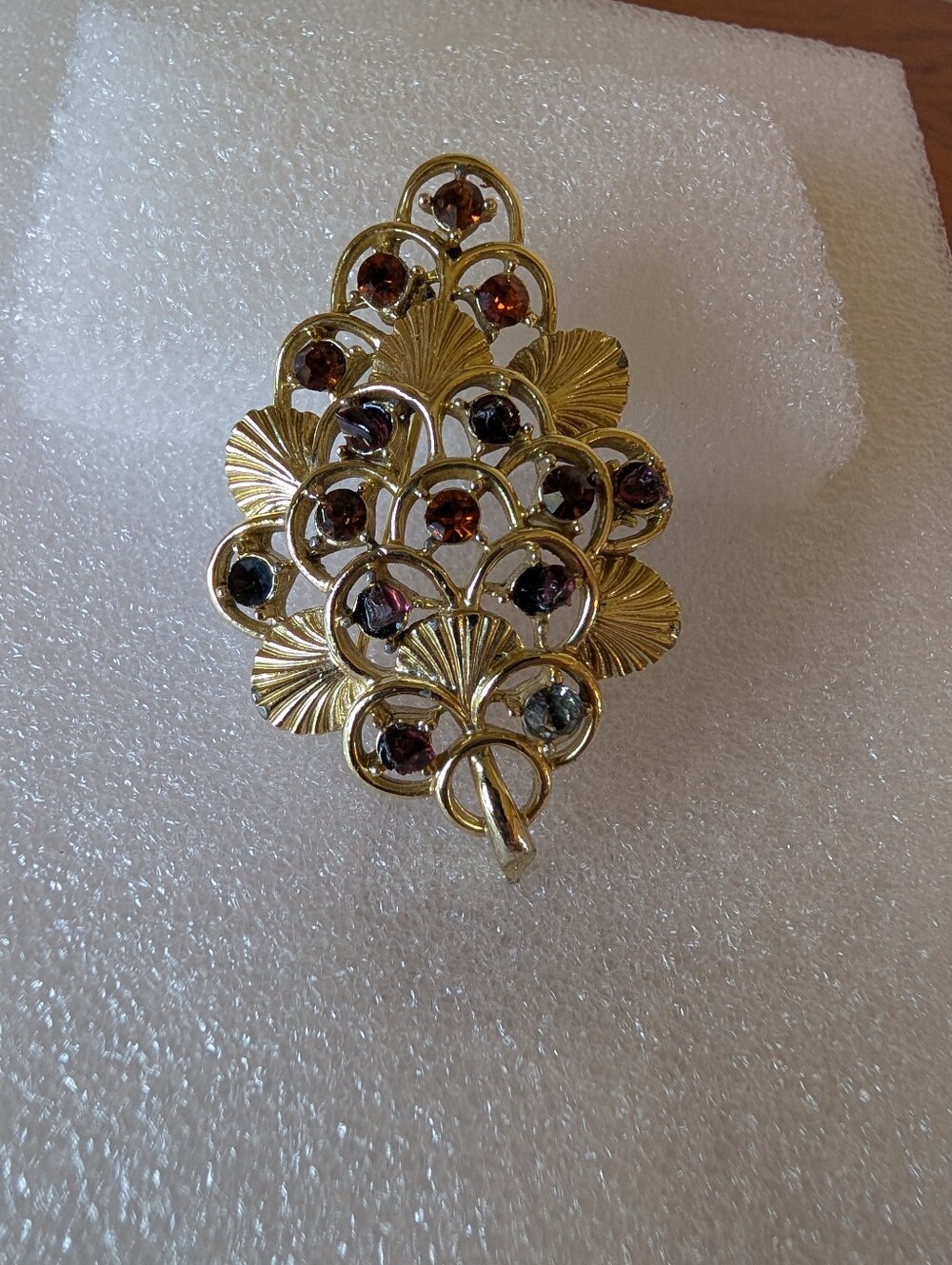 Gold-Tone Leaf Cluster Brooch with Amber and Garnet Stones